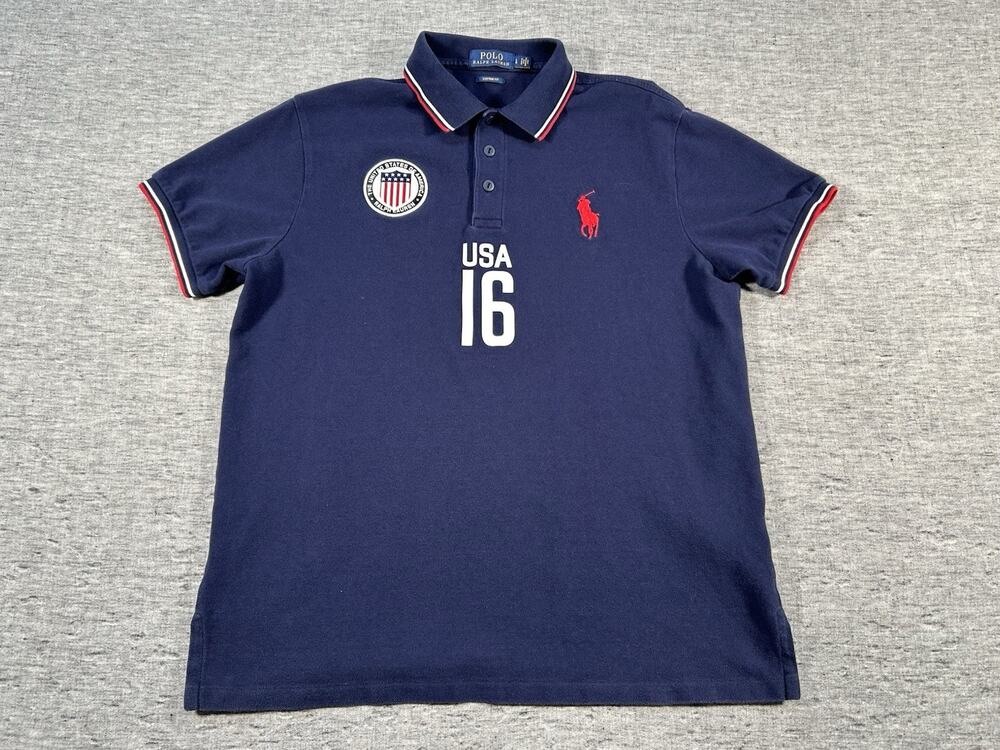 Polo Ralph Lauren Shirt Mens Large Custom Fit Navy Blue Short Sleeve Cotton USA
